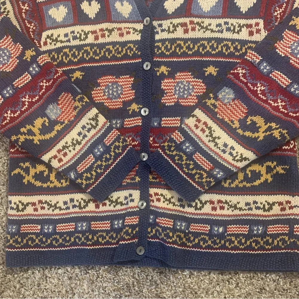 Talbots Americana Hearts Vintage 90s Linen Blend Hand Knit Cardigan Sweater - Picture 9 of 13